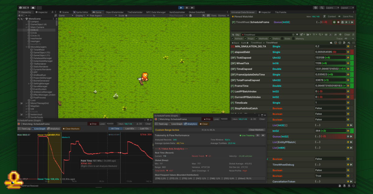 UDB inspecting live game data in Unity, alongside a pinned watchlist and graphs